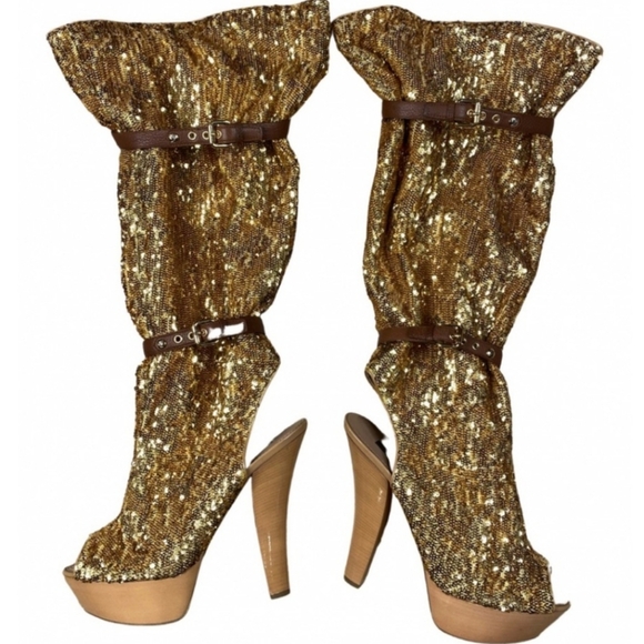 Louis Vuitton Gold Sequins Peep Toe Platform Knee Boots Size 41 - Picture 1 of 12
